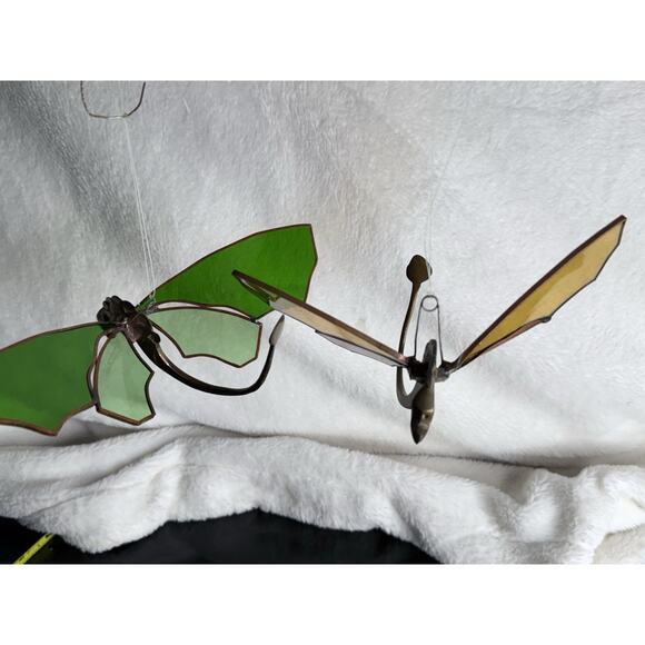 Pair Solid Brass Dragon Fire Stained Colored Glass Red Green Sun catchers 8" - Picture 6 of 16